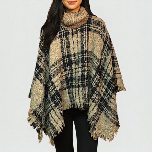 Poncho Cape – Knitted Faux Cashmere Pullover Sweater, Turtleneck Cardigan OSM - Picture 1 of 5